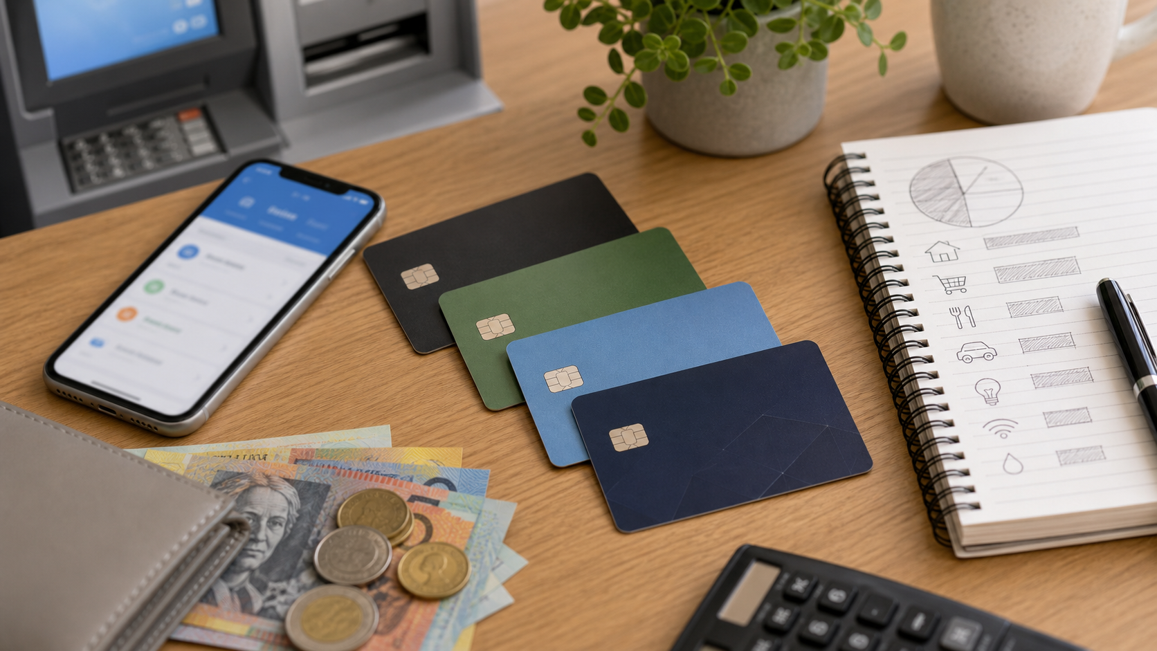 複数の銀行カード、スマホ決済、ATM、家計簿のイメージ