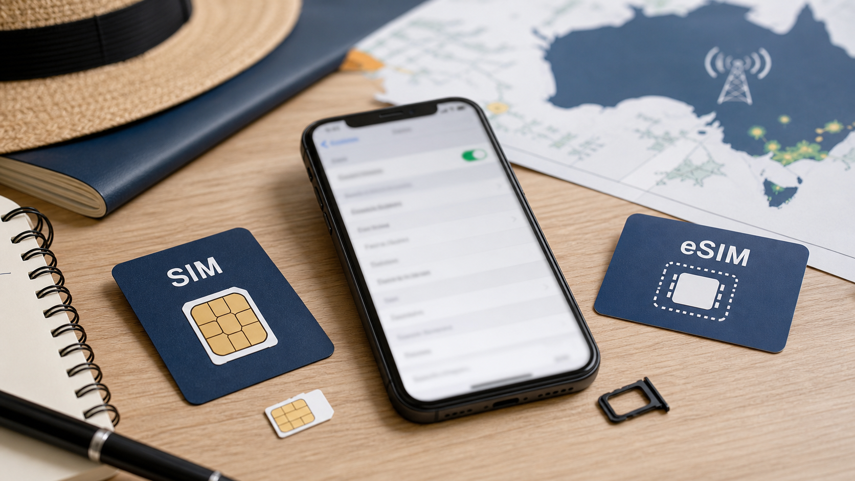 スマートフォン、SIMカード、eSIM設定画面、パース地図のイメージ