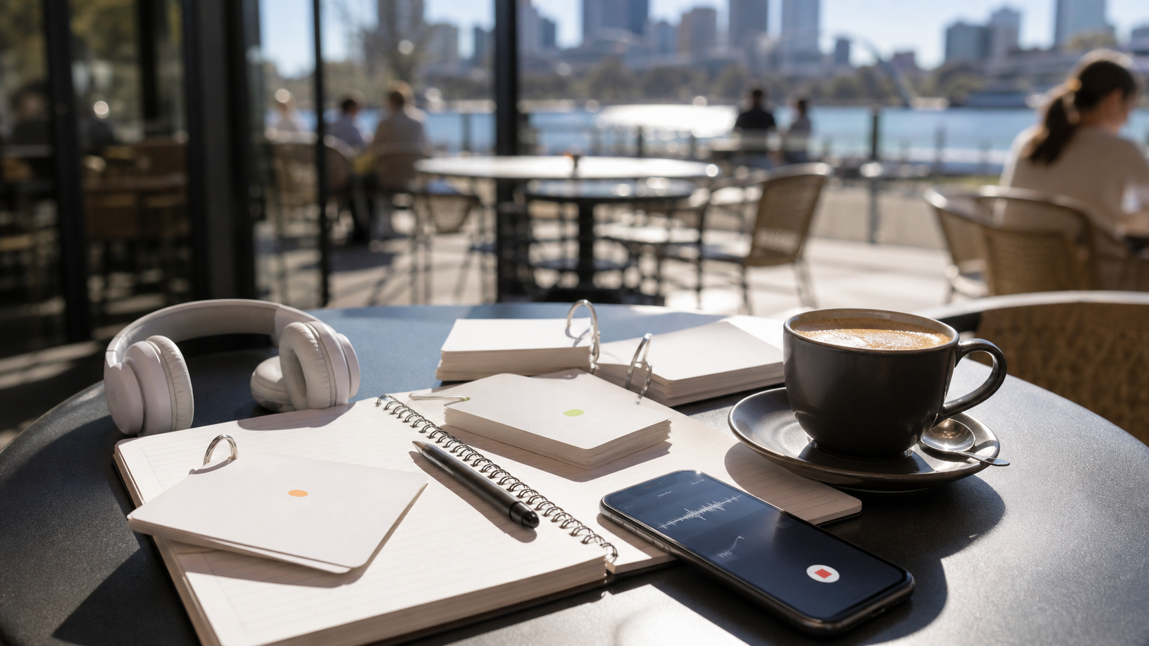 英語ノート、スマホ録音、カフェ注文カード、パースの屋外テーブルの学習風景