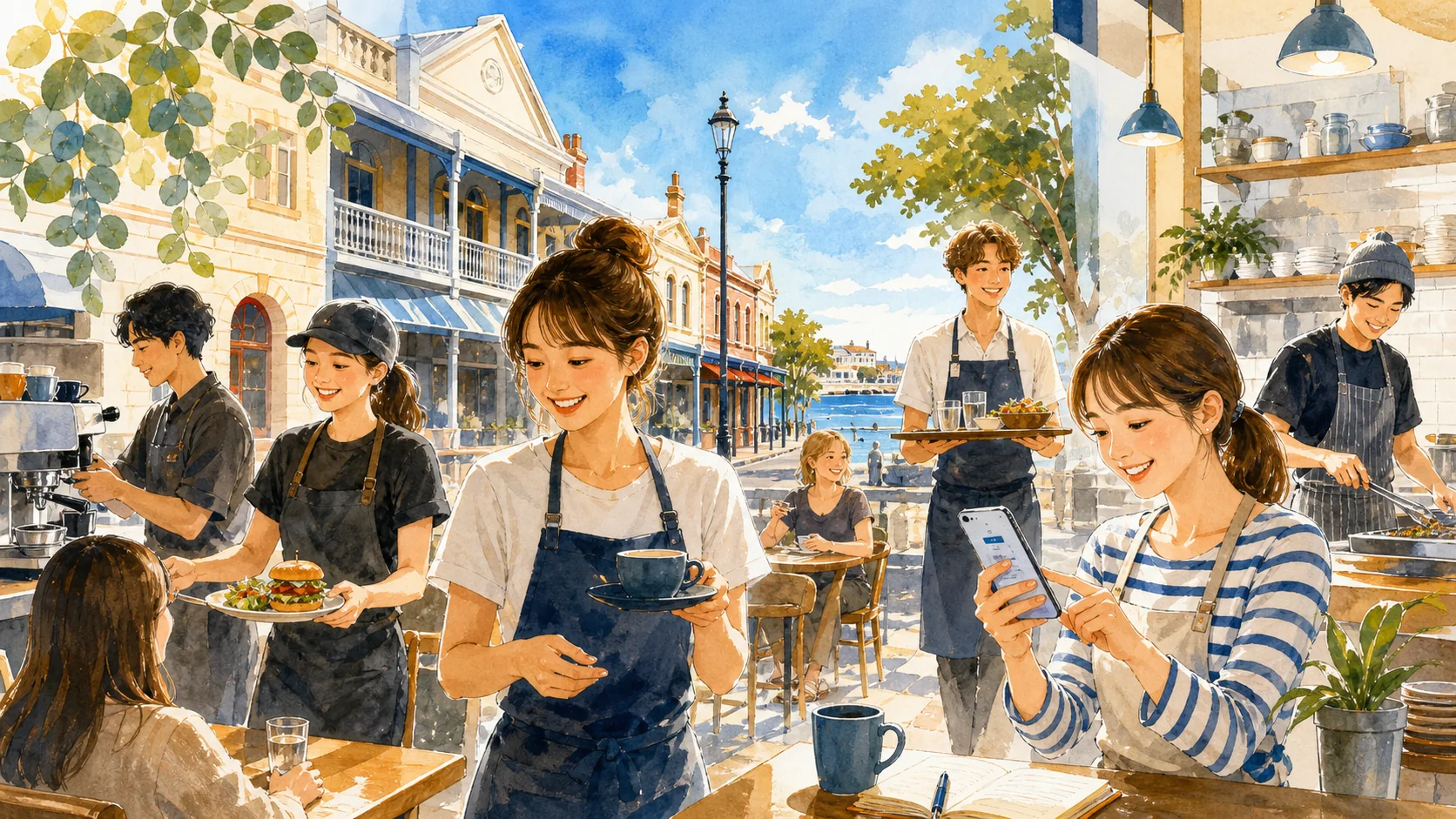 パースのカフェやレストランで働く人のイラスト